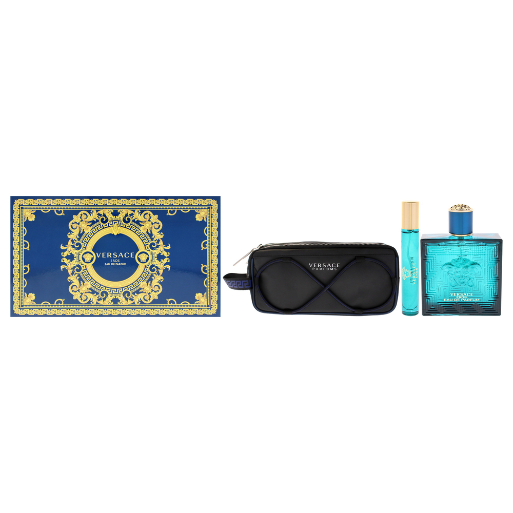 Versace Eros by Versace for Men 3 Pc Set 3.4oz EDP Spray, 0.3oz EDP Spray, Pouch